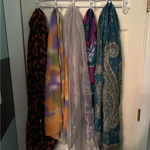 Mixed Scarves Bundle - Teal Paisley, Gray Sheer, Multicolor, Black & Orange